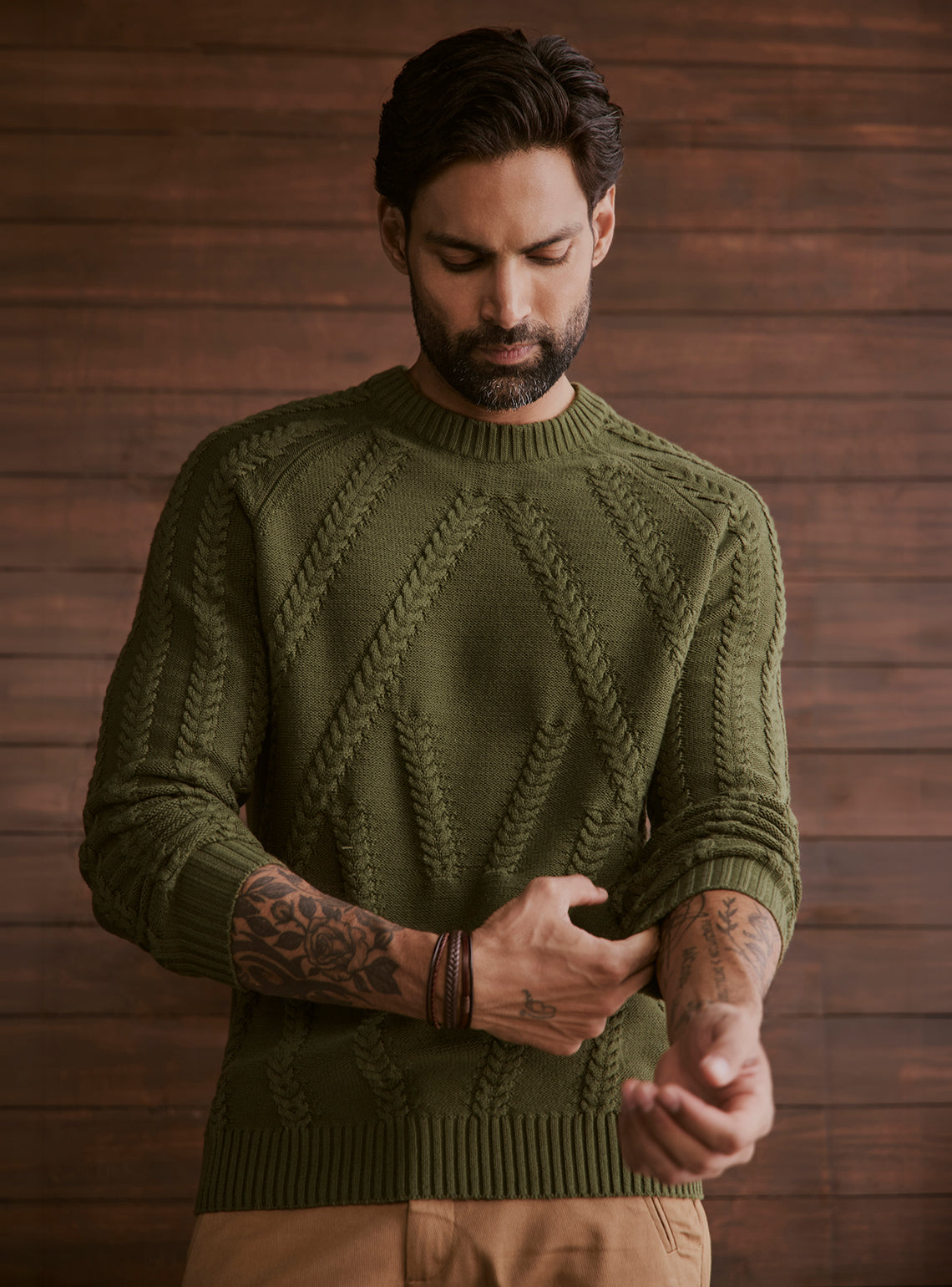 Canopy Olive Cable Cotton Wool Pullover