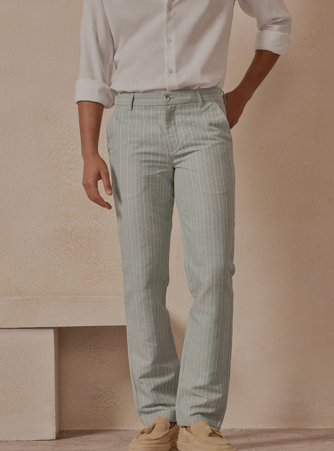 Harbour Green Linen Stripe Trousers