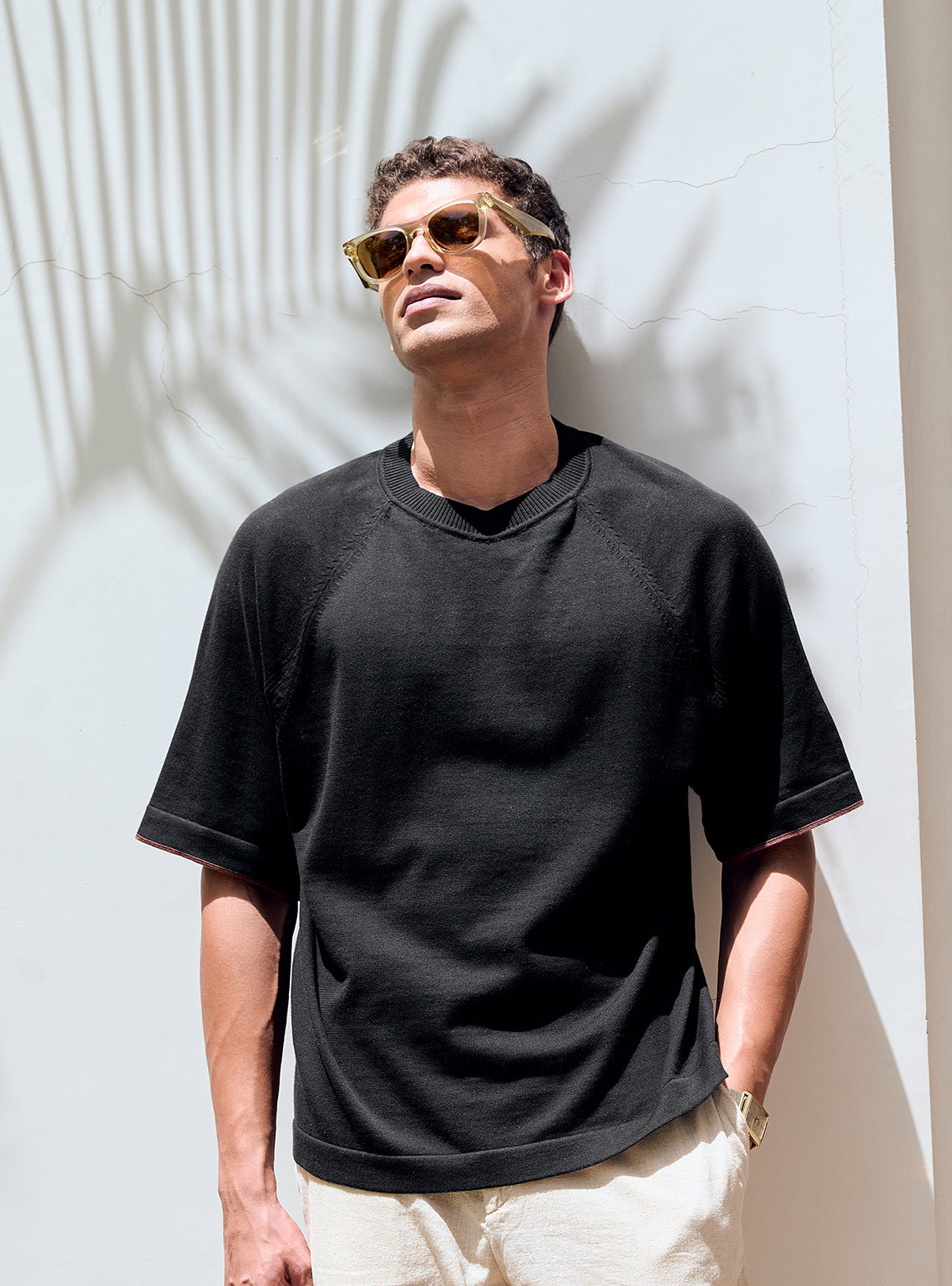 Mako Black Cotton Pointelle Crew