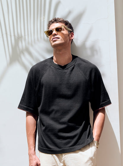 Mako Black Cotton Pointelle Crew