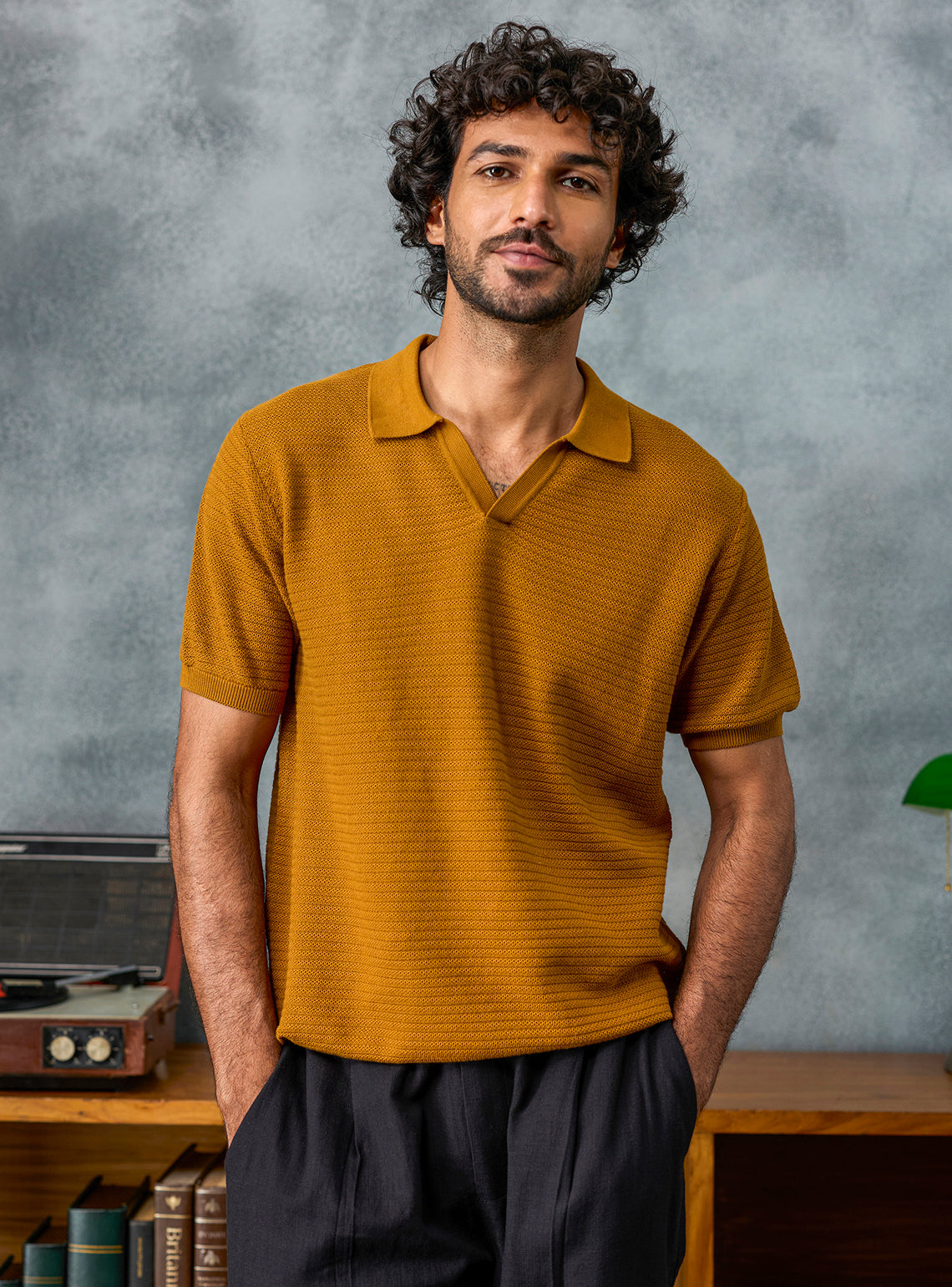 Checkmate Mustard Textured Cotton Polo