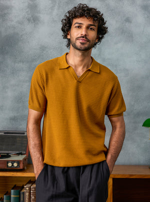 Checkmate Mustard Textured Cotton Polo
