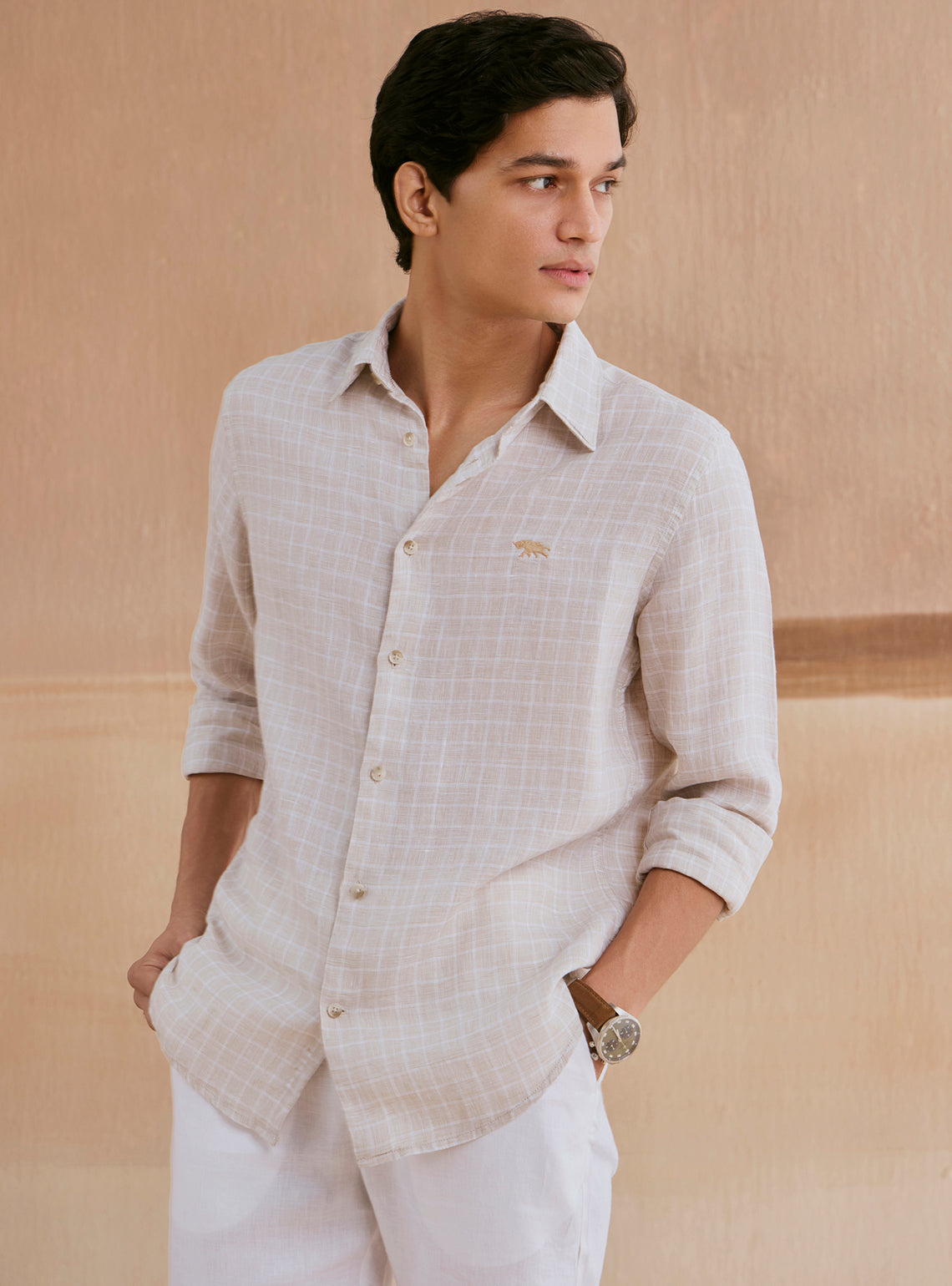 Pearl Beige Check Linen Shirt