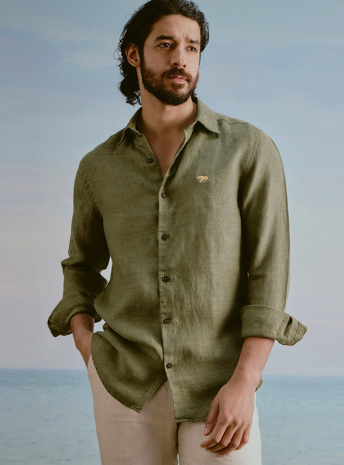 Moss Olive Linen Dobby Shirt