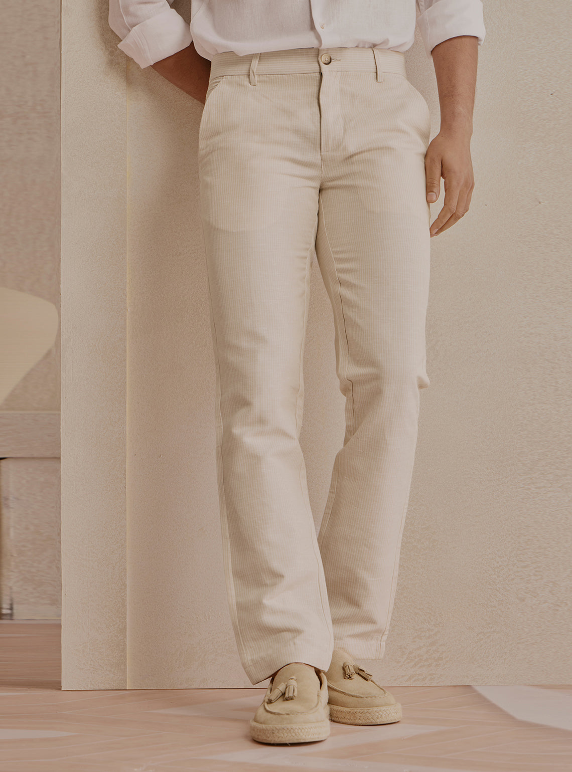 Dune Beige Linen Stripe Trousers