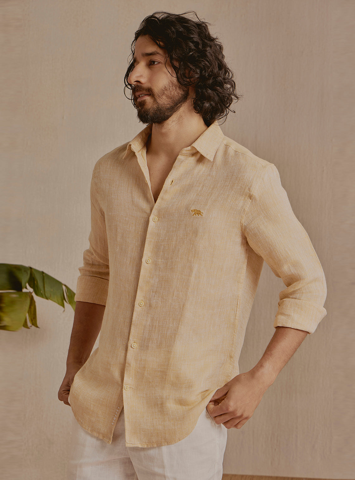 Buy Amber Gold Linen Dobby Shirt | Casual Gold Structure Shirt for