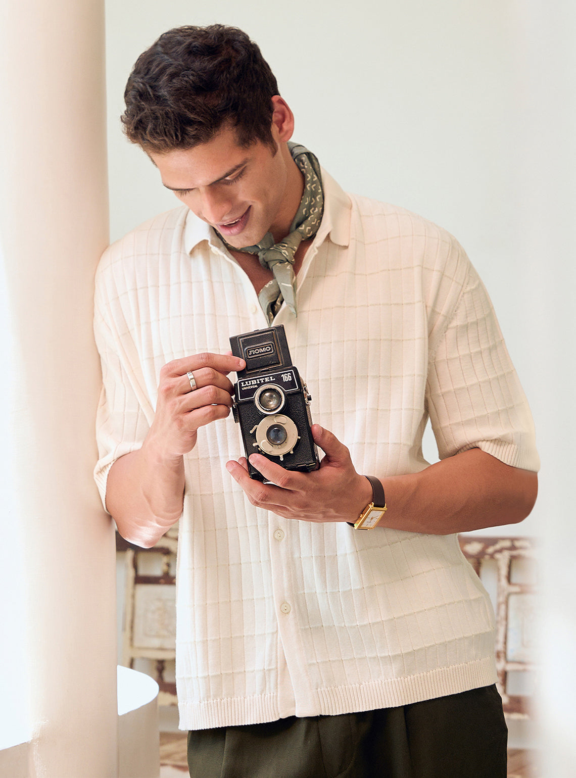 Pastel Beige Cotton Textured Shirt