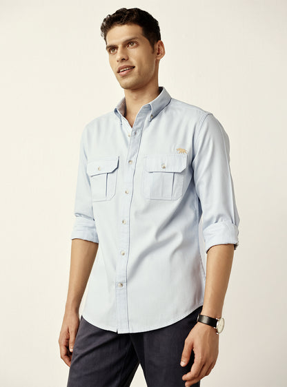 Classic Mid Blue Cotton Twill Shirt