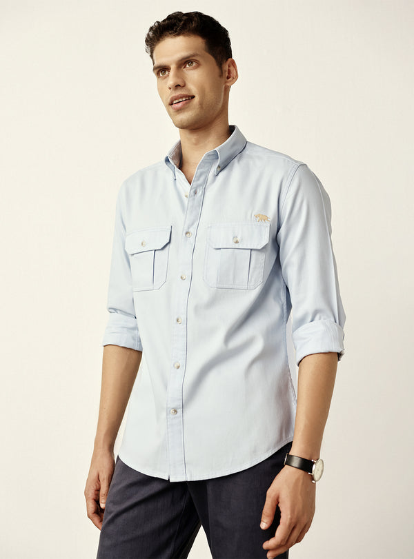 Classic Mid Blue Cotton Twill Shirt