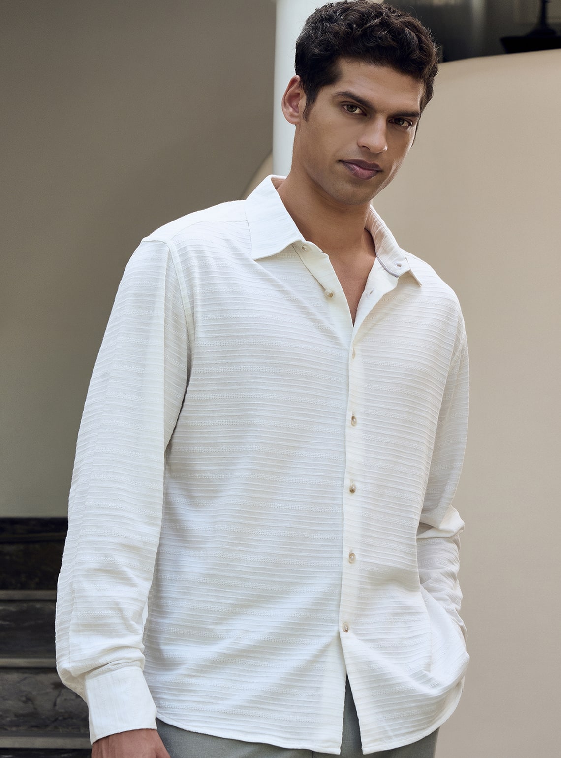 Alto White Cotton Blend Pointelle Shirt