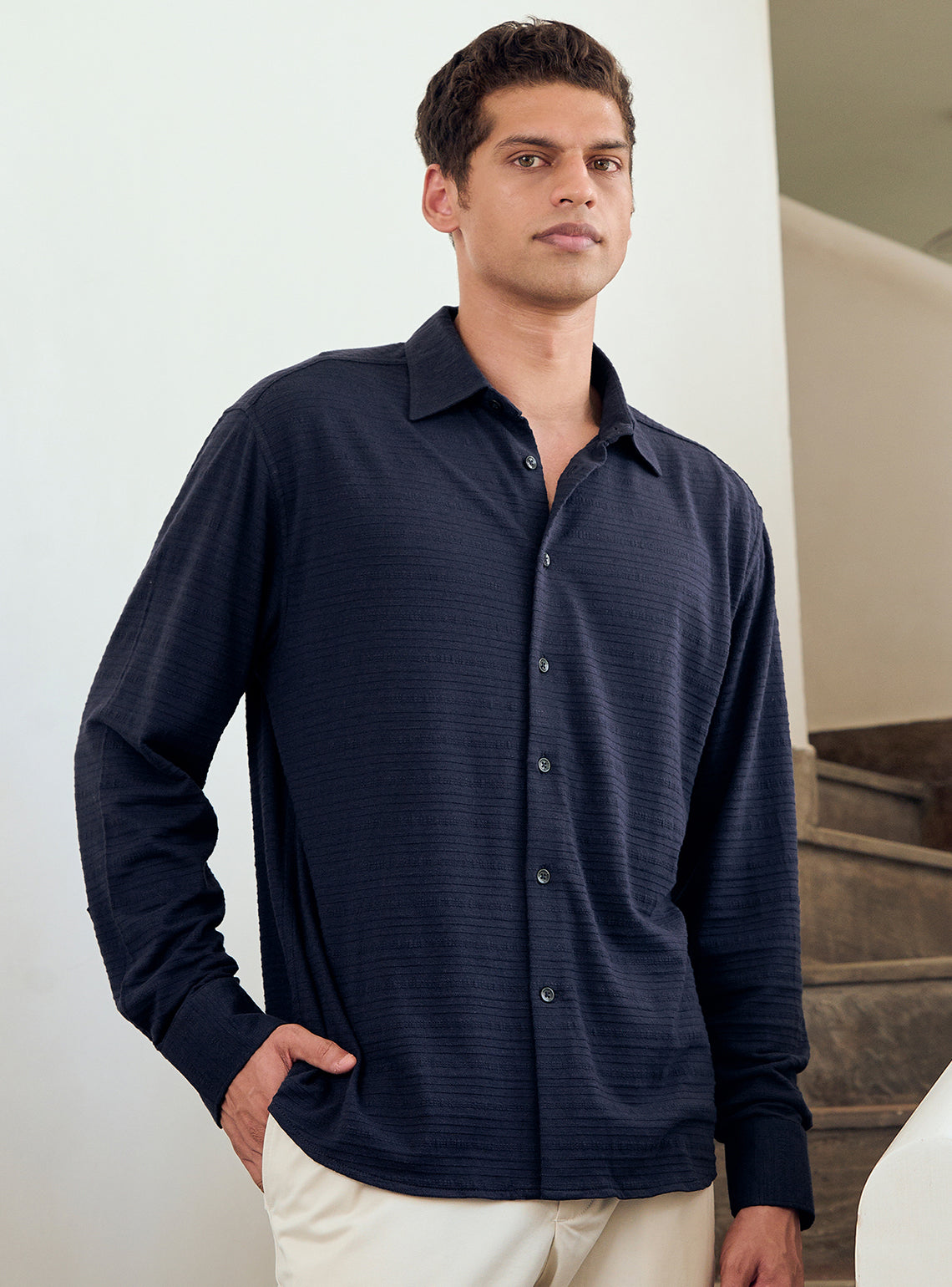Berry Blue Cotton Blend Pointelle Shirt