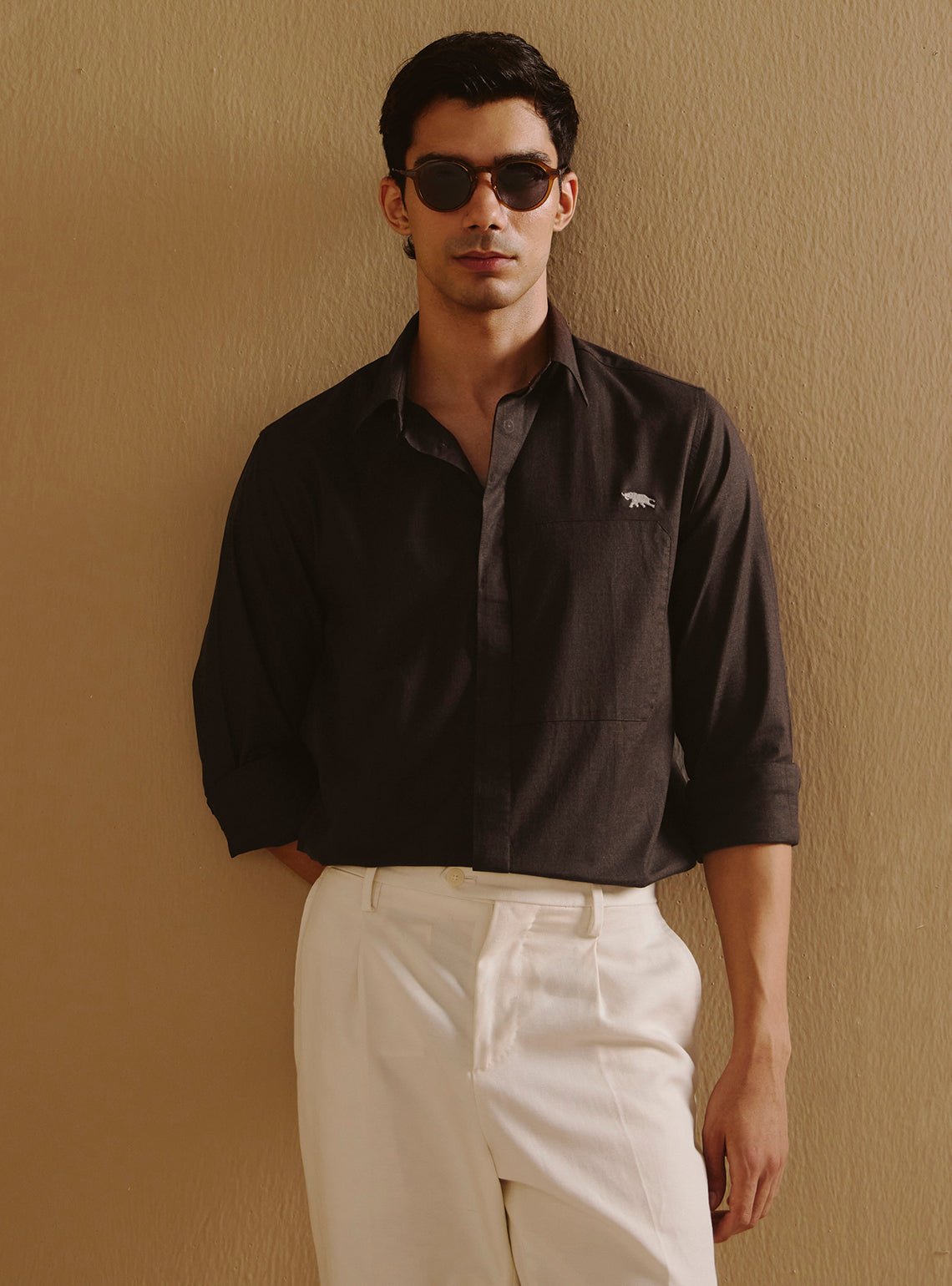 Wood Brown Cotton Lycra Melange Shirt