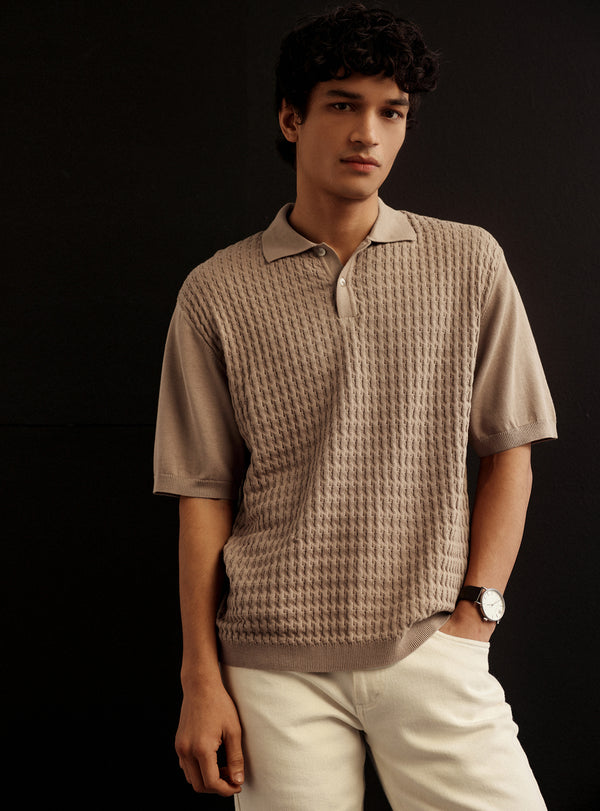 Khaki Spice Cotton Cable Knit Polo