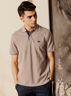 Bison Brown Cotton Stretch Melange Polo