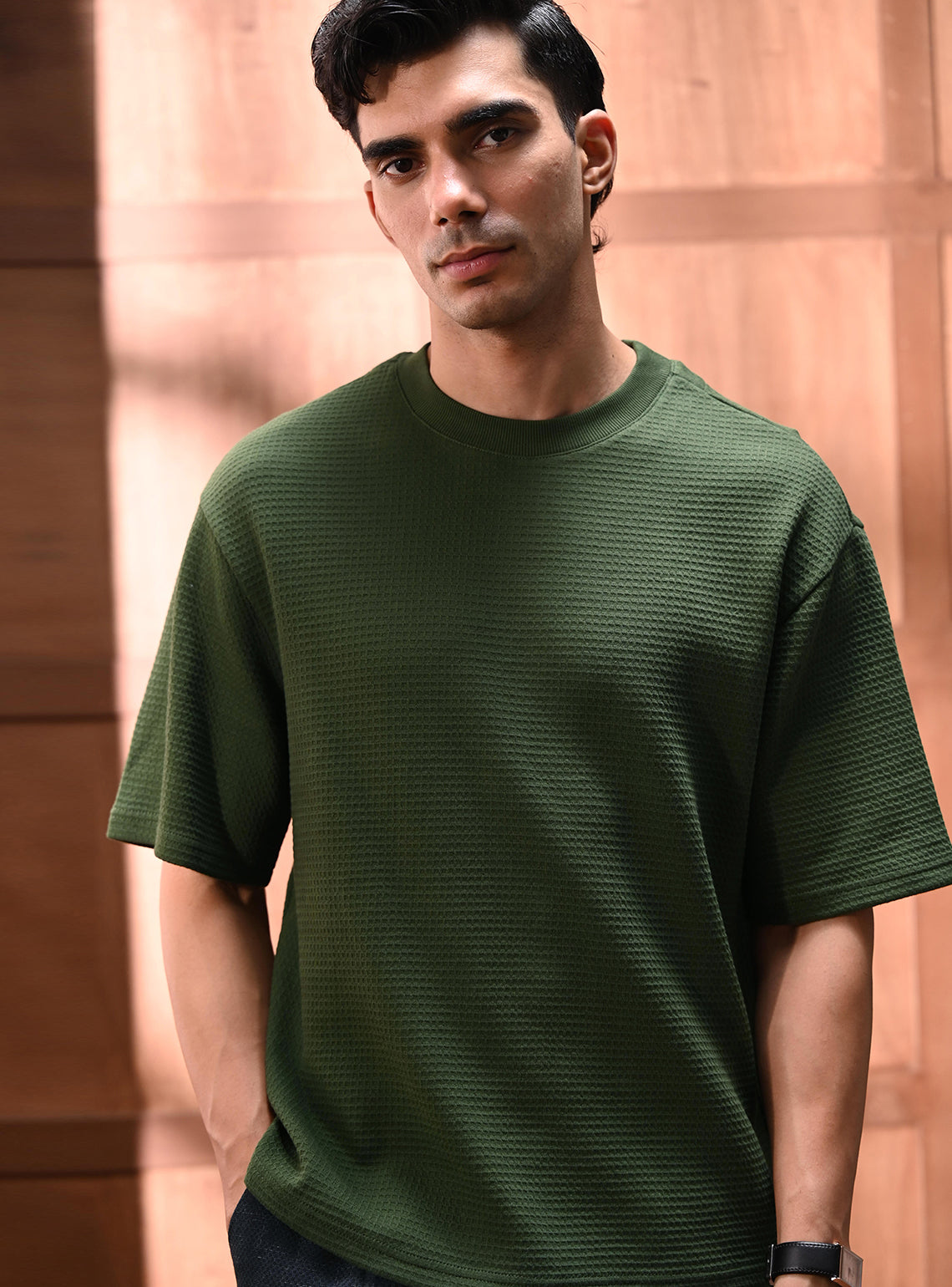 Brook Olive Cotton Jacquard Crew
