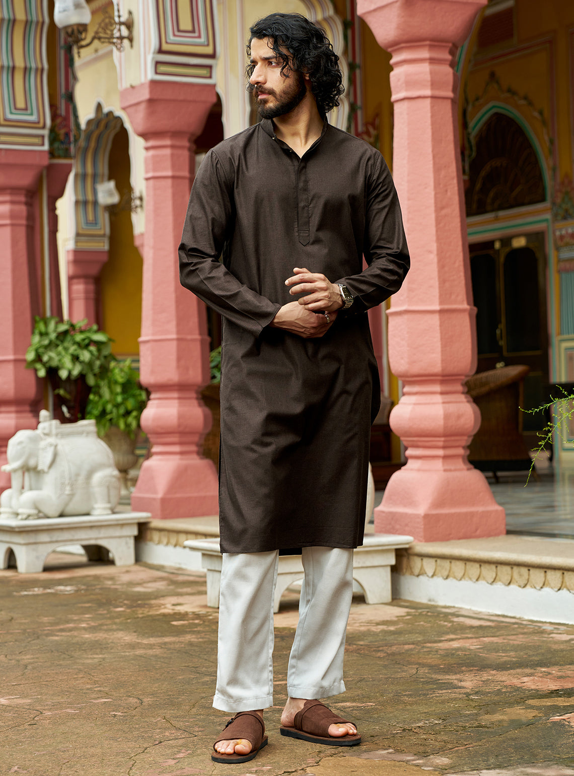 Dharti Brown Cotton Blend Melange Kurta