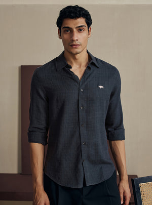 Marine Navy Melange Check Cotton Shirt