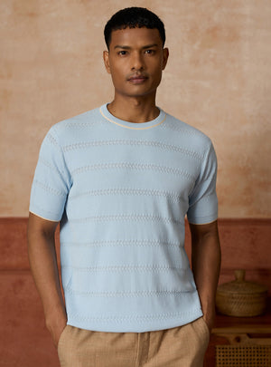 Harbour Blue Cotton Textured Crewneck