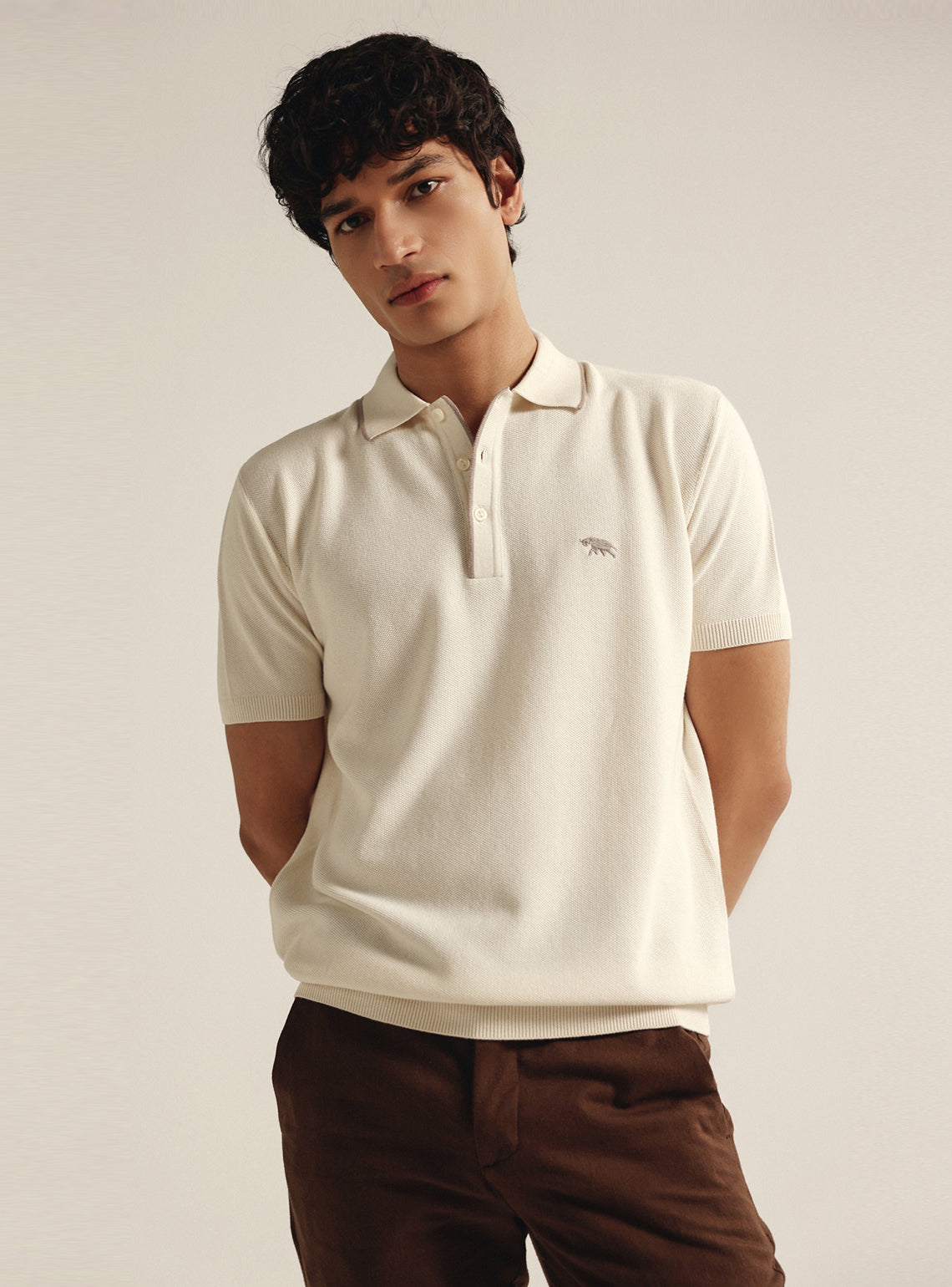 Almond White Moss Knit Polo