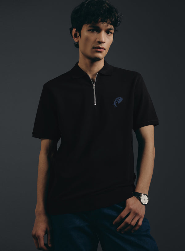 Coal Black Cotton Pique Polo