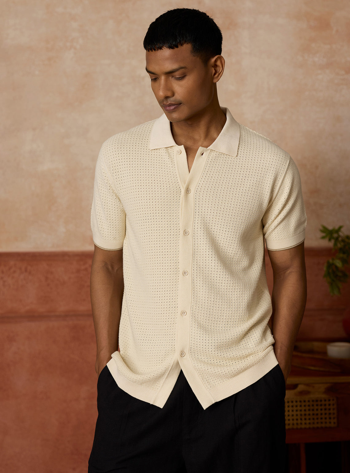Misty Off-White Pointelle Cotton Blend Shirt