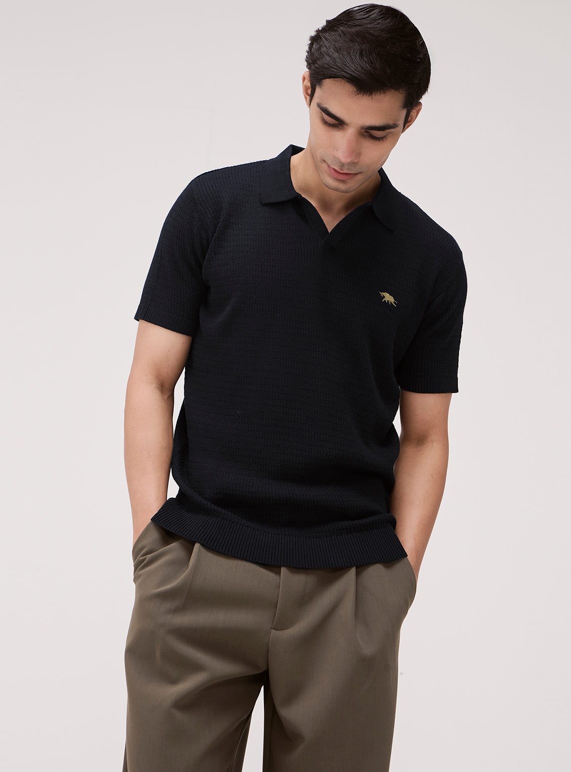Jet Black Cotton Knit Polo