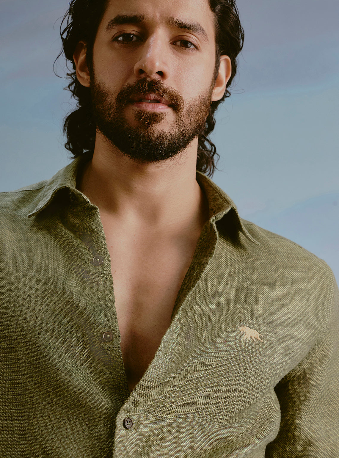 Moss Olive Linen Dobby Shirt