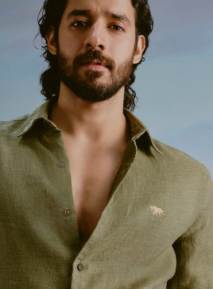 Moss Olive Linen Dobby Shirt