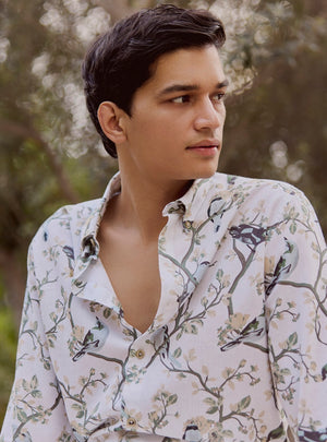 White Flock Cotton Linen Print Shirt