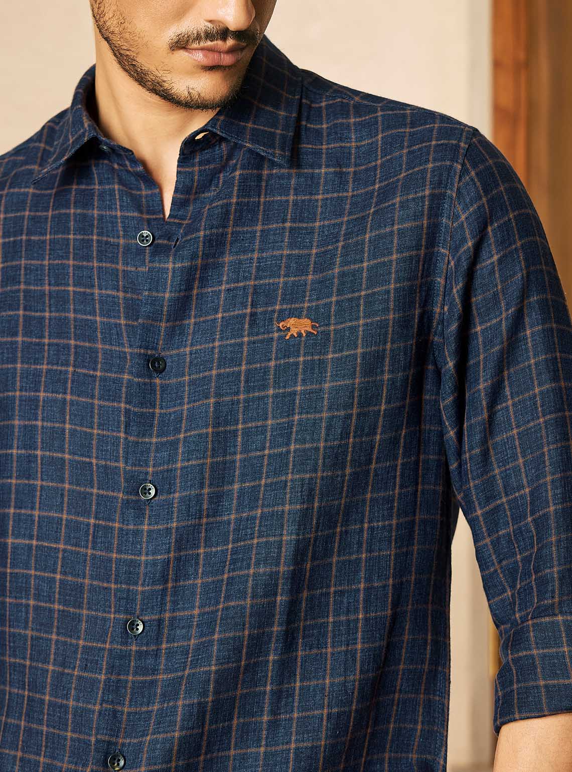 Harbor Navy European Linen Check Shirt