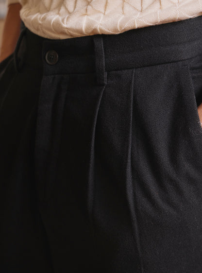 Onyx Black Cotton Pleated Trousers