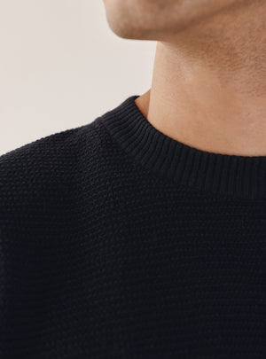 Jet Black Cotton Textured Crew