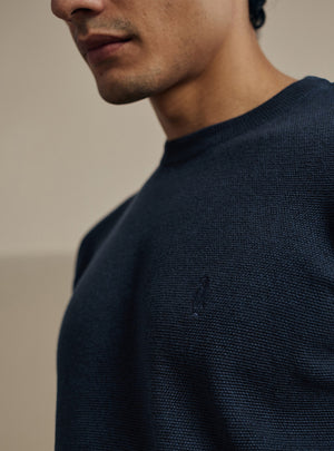 Marine Navy Moss Knit Cotton Crewneck