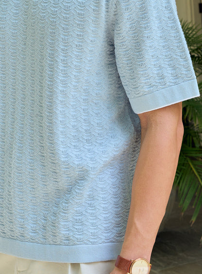 Casper Blue Cotton Pointelle Crew