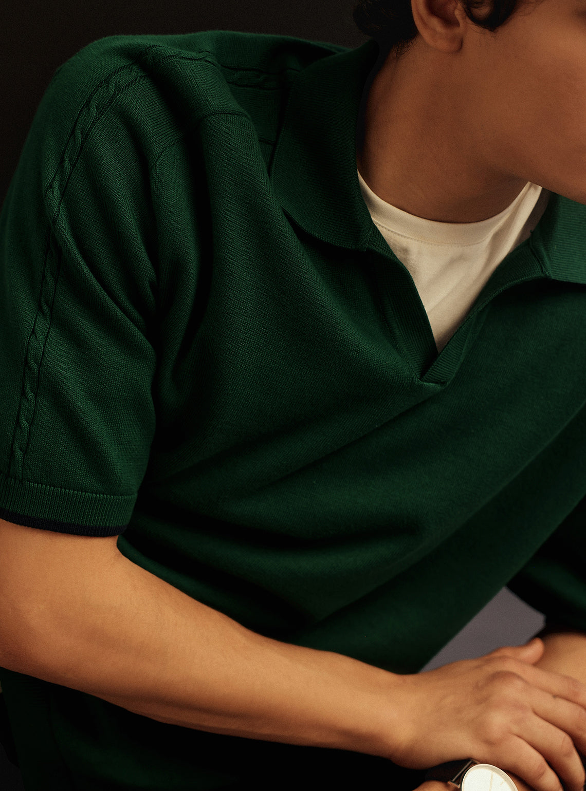 Nordic Green Cotton Micro Cable Knit Polo
