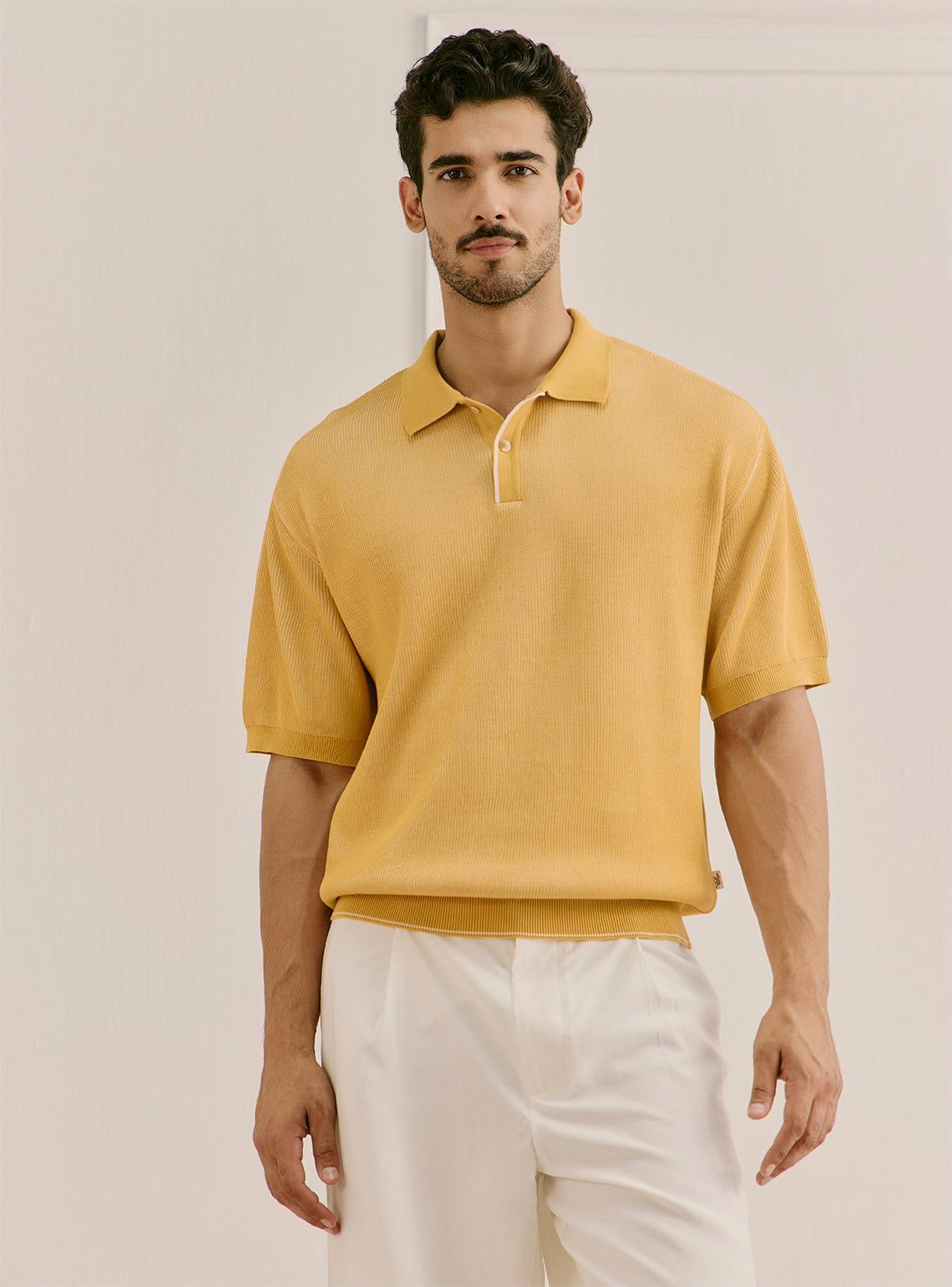 Solctice Yellow Cotton Structured Knit Polo