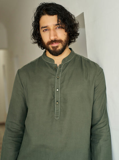 Nivaar Olive Linen Kurta