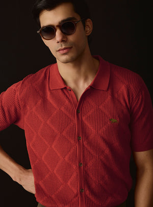 Terracotta Rust Jacquard Knit Shirt