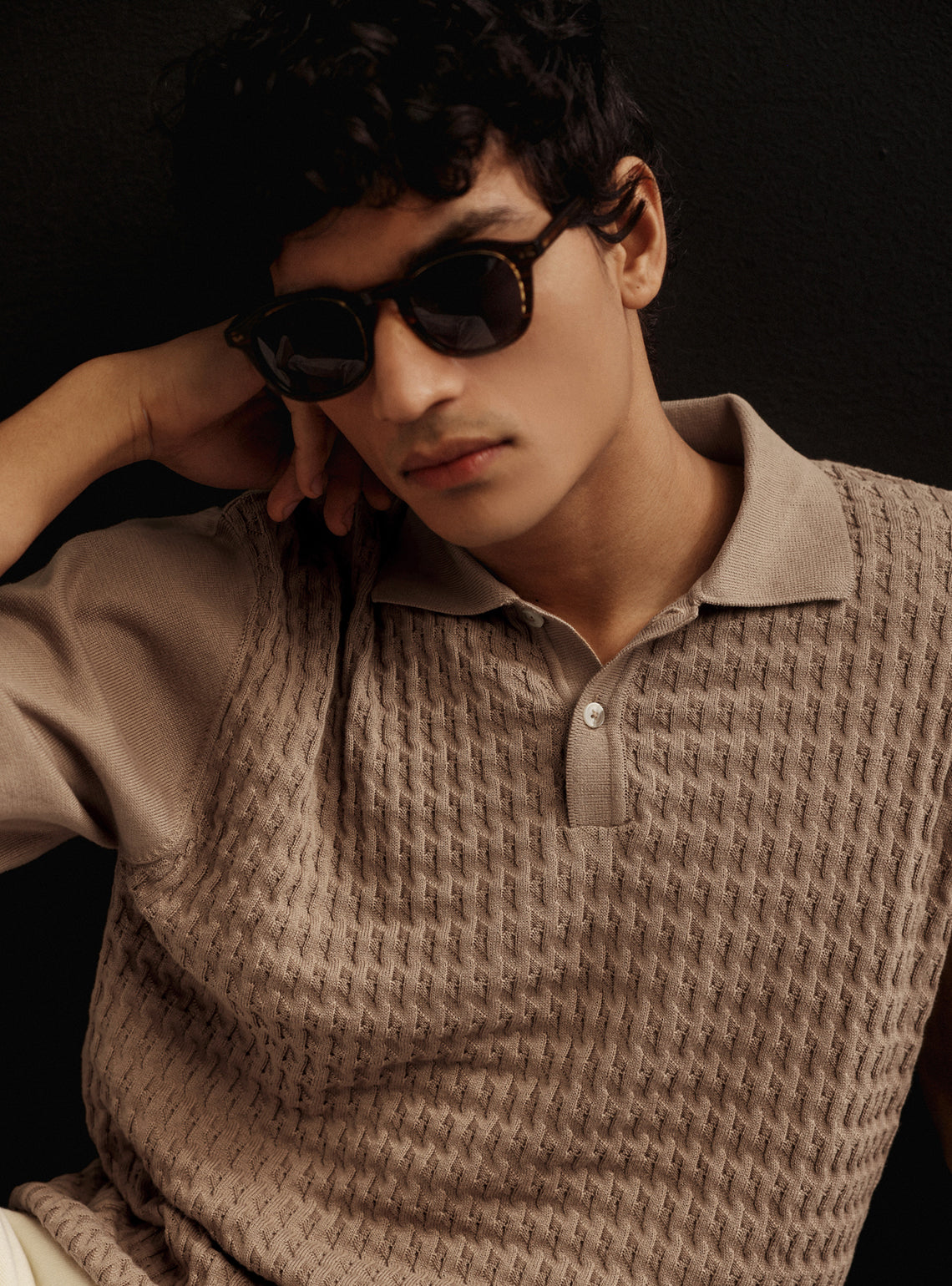 Khaki Spice Cotton Cable Knit Polo