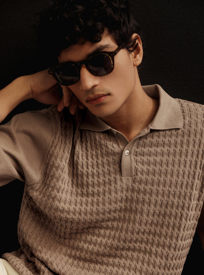 Khaki Spice Cotton Cable Knit Polo