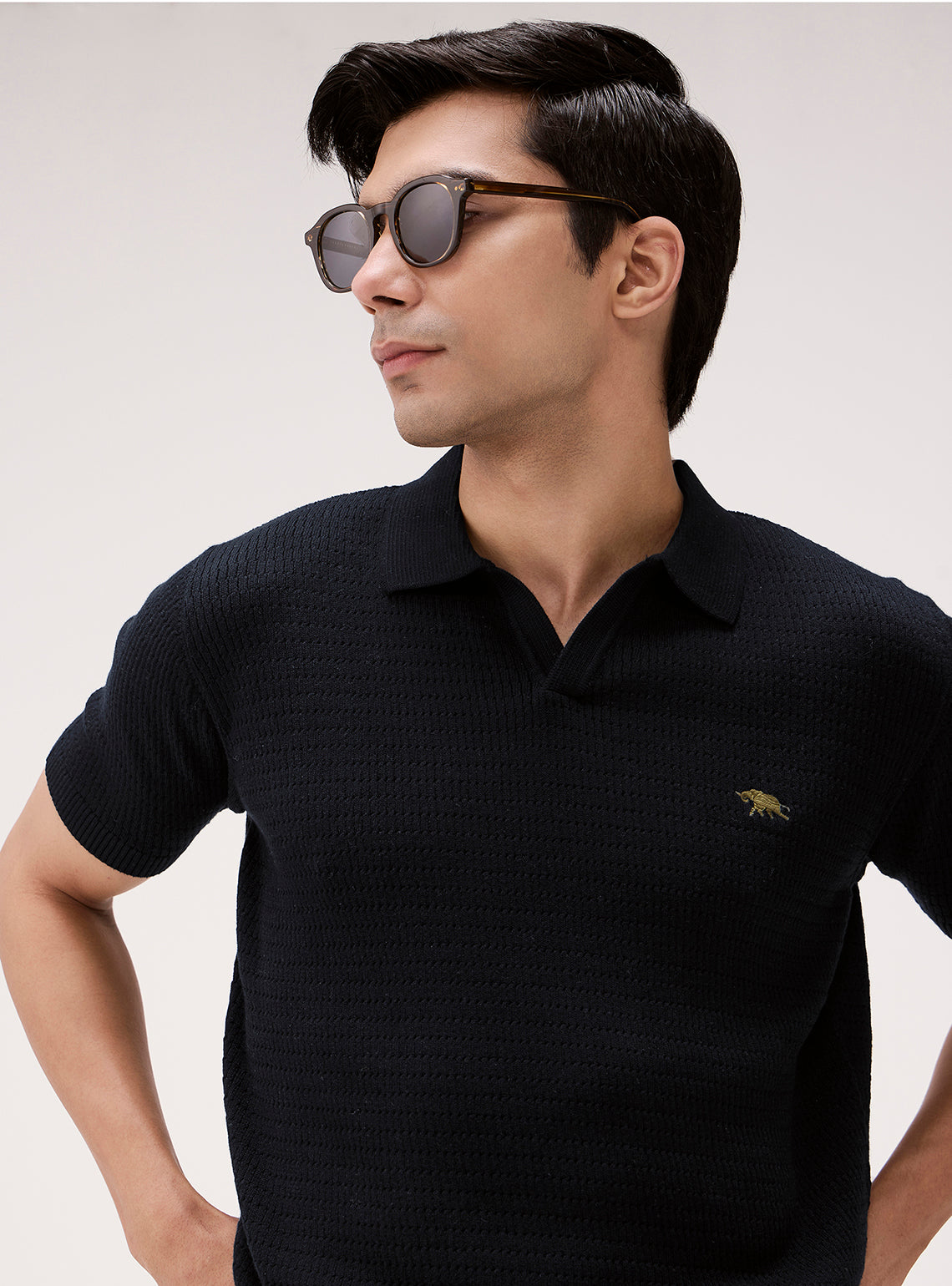 Jet Black Cotton Knit Polo