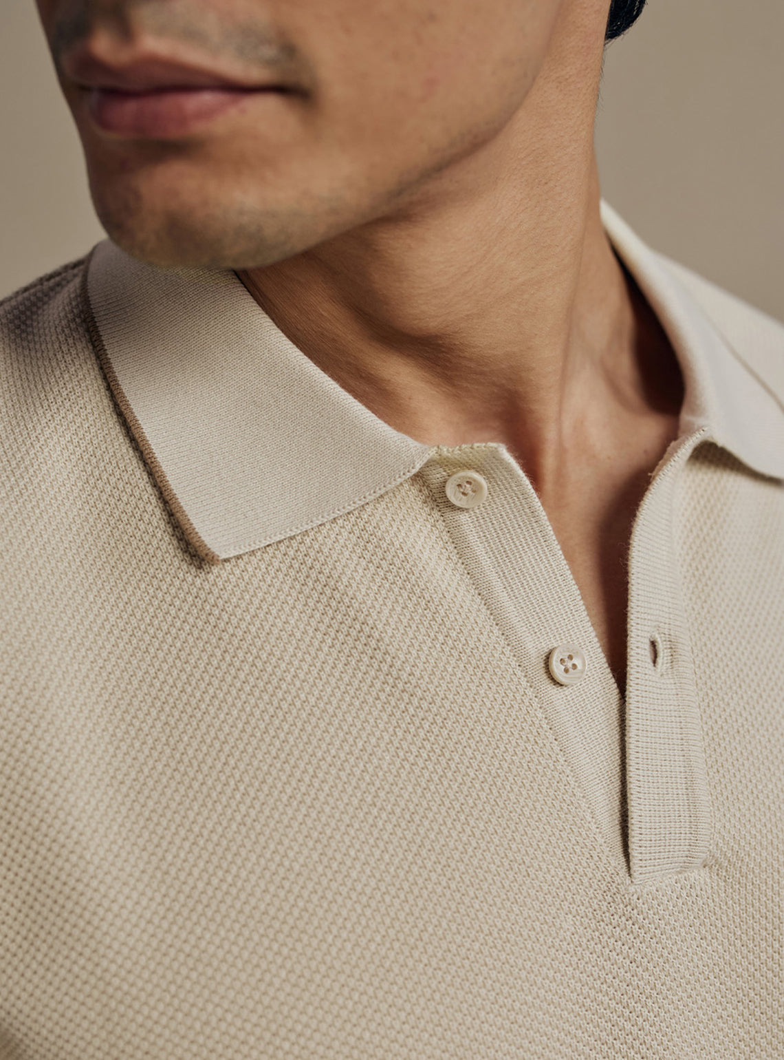 Chalky Off White Moss Knit Cotton Polo