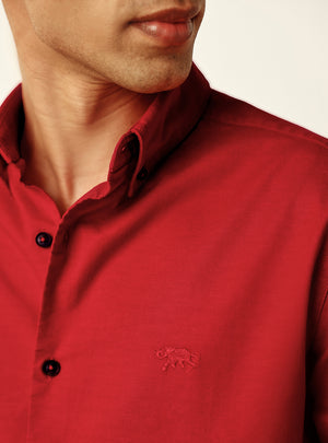 Seasoned Deep Red Cotton Stretch Oxford Shirt