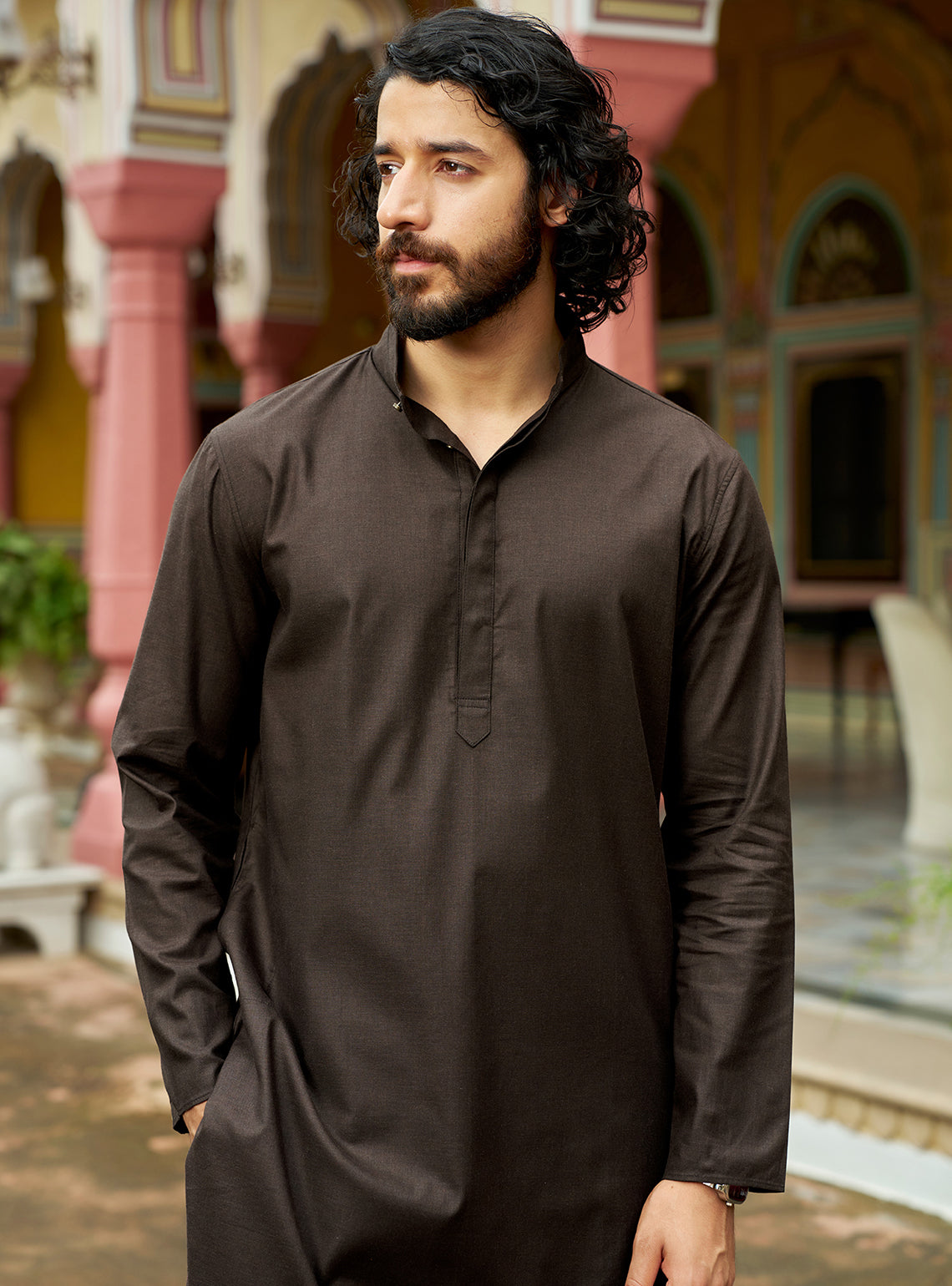 Dharti Brown Cotton Blend Melange Kurta