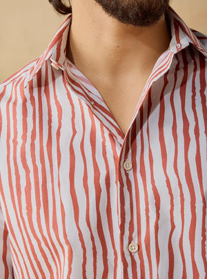 Coral Stripe Cotton Poplin Print Shirt