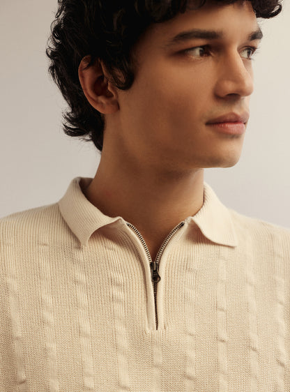 Vanilla White Cotton Seersucker Knit Polo