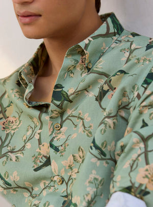 Green Flock Cotton Linen Print Shirt