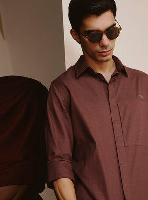 Volcano Brown Cotton Stretch Melange Shirt