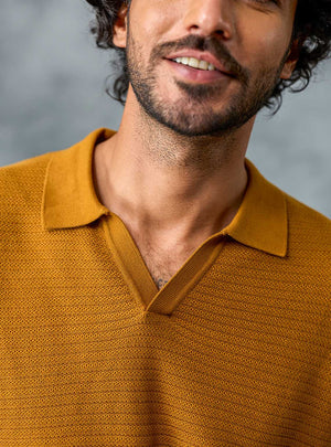 Checkmate Mustard Textured Cotton Polo