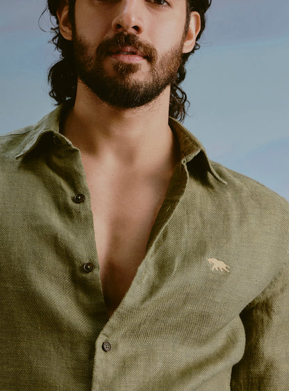 Moss Olive Linen Dobby Shirt